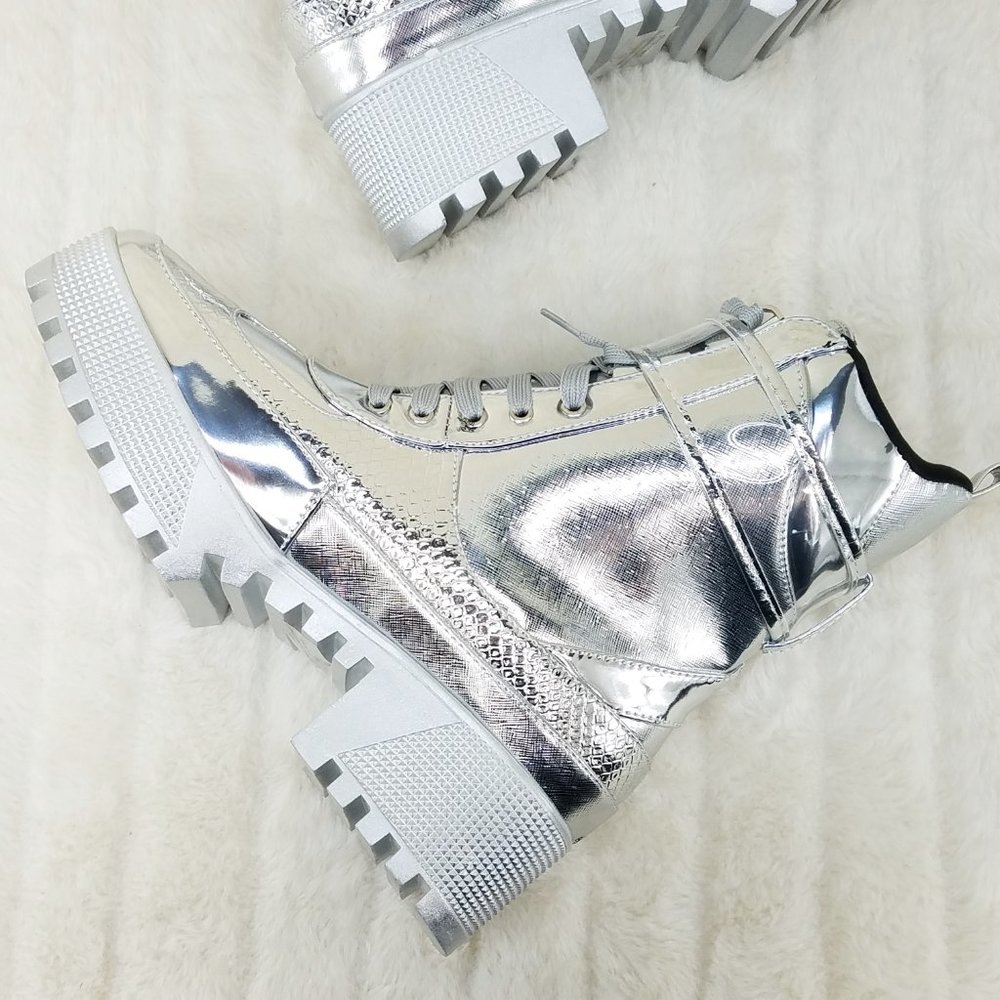 Silver Lug Sole Combat Ankle boots Lynn Size 5.5 US - Picture 3 of 11